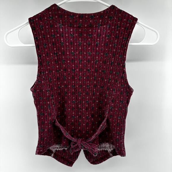 Vintage Meta Sport Vest Top USA Floral Ribbed Knit  Button Up Tie Red Small - Picture 3 of 3